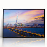 Large abstract wall art depicting the Seoul skyline in black and white tones on a framed acrylic.