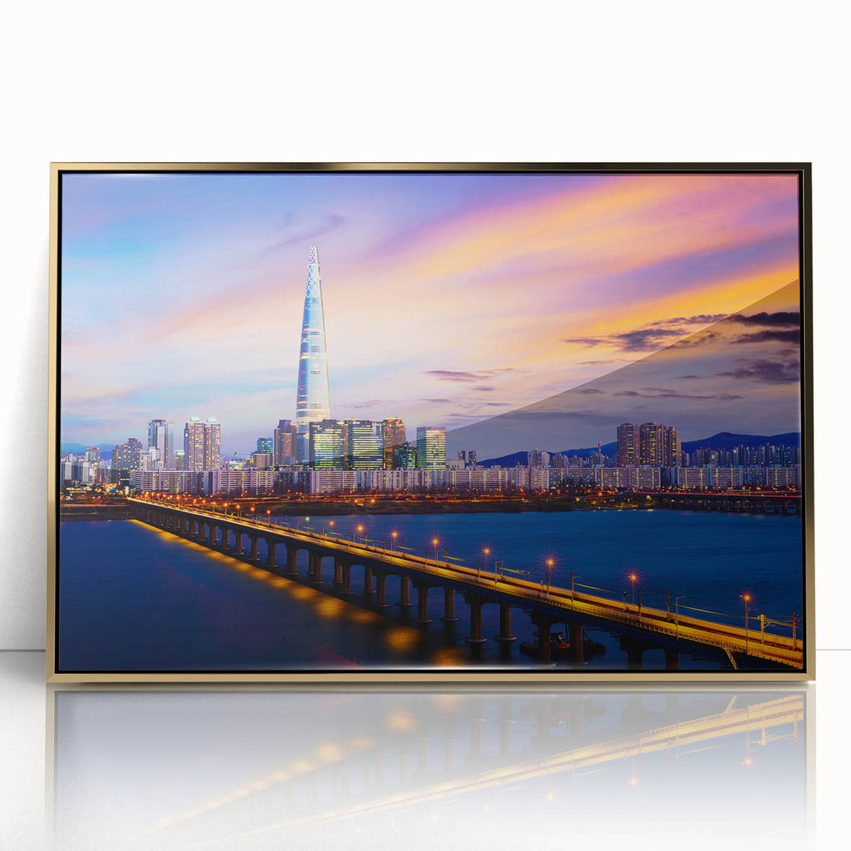 Large acrylic print of Seoul skyline in gold hues, framed, ideal for modern art wall decor.