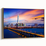 Framed canvas featuring a vintage-style landscape painting of Seoul, with muted gold and black tones.