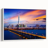 Vintage poster art of Seoul's skyline with colorful accents on extra-large framed canvas, ideal for living room decor.