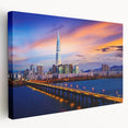 Large canvas print of Seoul skyline in muted gray and blue tones, ideal for kitchen wall art.