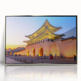 Mid-century modernist art depicting a serene Asian landscape in muted earth tones, framed in silver acrylic.