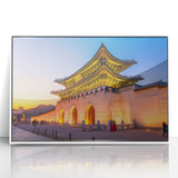 Acrylic print of a serene Korean landscape in muted green and blue tones, framed in white.