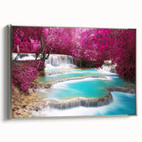 Landscape art painting of a Laotian scenery on a framed canvas, featuring vibrant colors and vintage poster style.