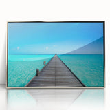 Mid-century modernist art depicting a serene Maldives scenery in cool blue tones, acrylic framed.