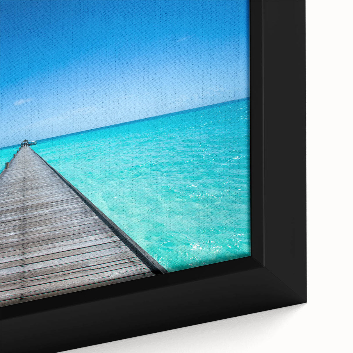 Black framed canvas featuring a textured, colorful Maldivian landscape, ideal for living room decor.
