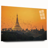 Large abstract wall art of a Myanmar landscape in muted earth tones on acrylic glass, ideal for bedroom or dining room decor.