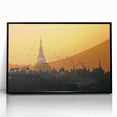 Large abstract wall art depicting a serene Myanmar landscape in muted earth tones, framed in black acrylic.