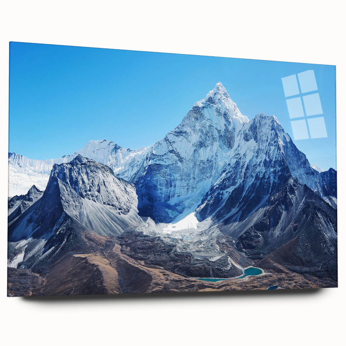 Large abstract depiction of Mount Everest in muted blue and white tones on acrylic glass.