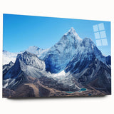 Large abstract depiction of Mount Everest in muted blue and white tones on acrylic glass.