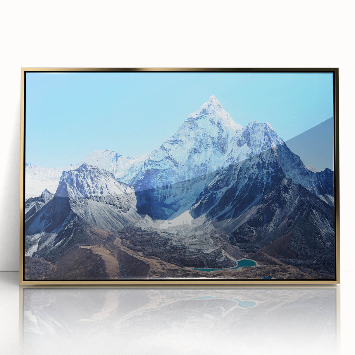 Acrylic print of Mount Everest in muted earth tones, framed in gold, ideal for modern art wall decor.