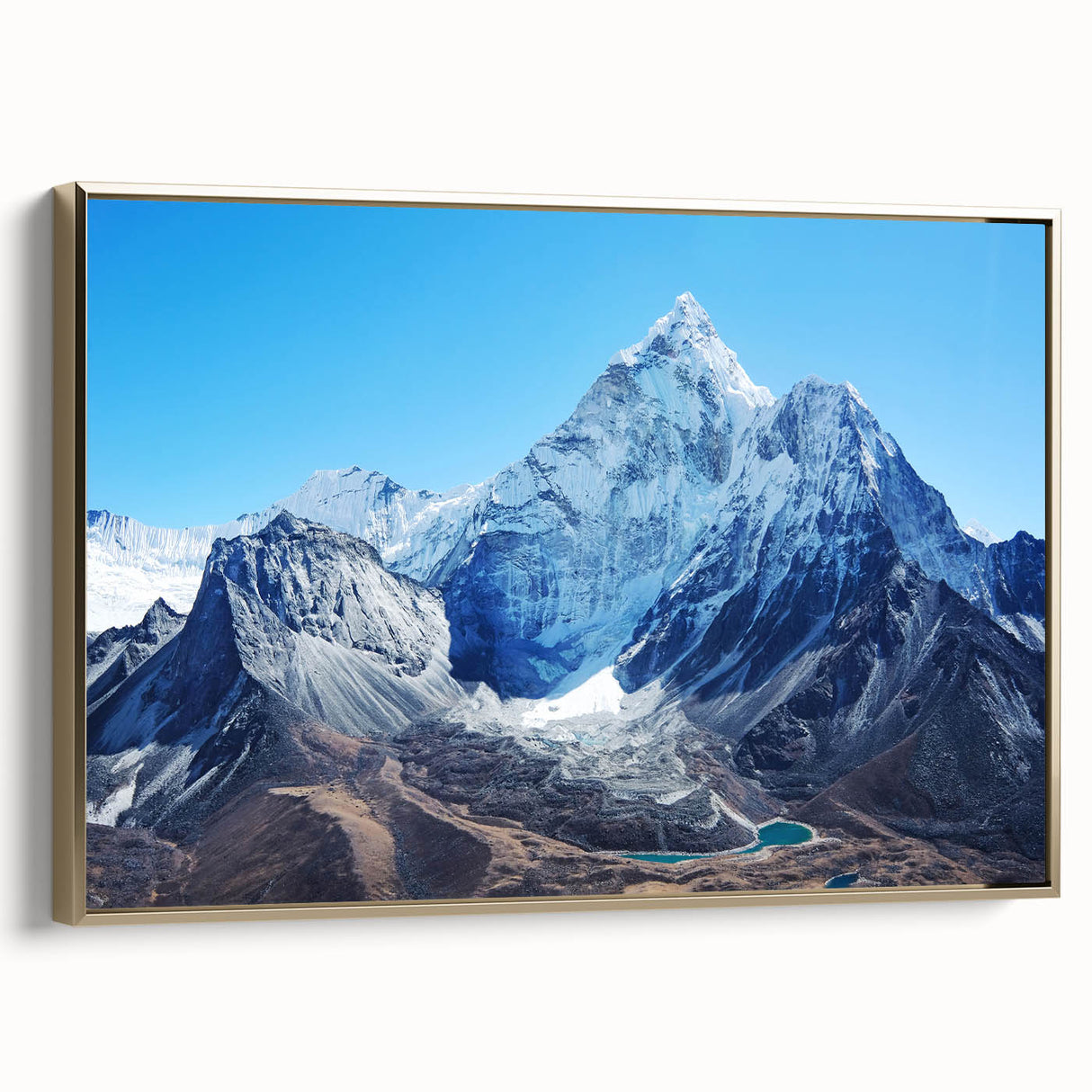 Framed canvas featuring a vintage-style landscape painting of Mount Everest, with a dominant black and gold color scheme.
