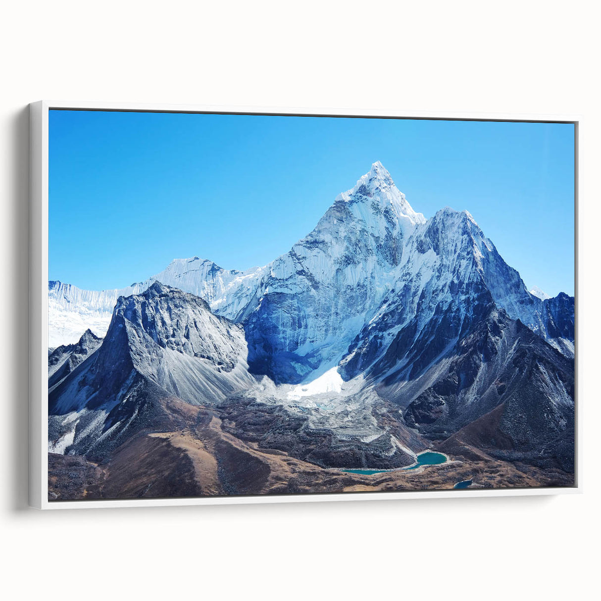 Vintage poster art of Mount Everest, featuring colorful art on a white framed canvas, ideal for living room decor.