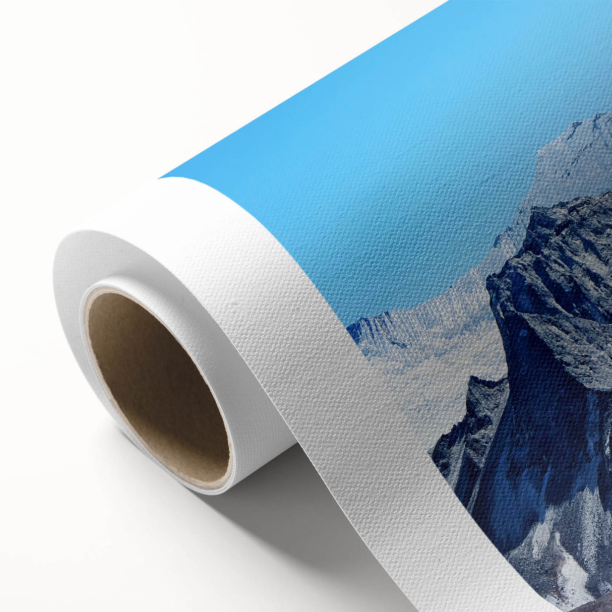 Art deco poster of Mount Everest in muted blues and grays on rolled canvas, ideal for nursery wall art.
