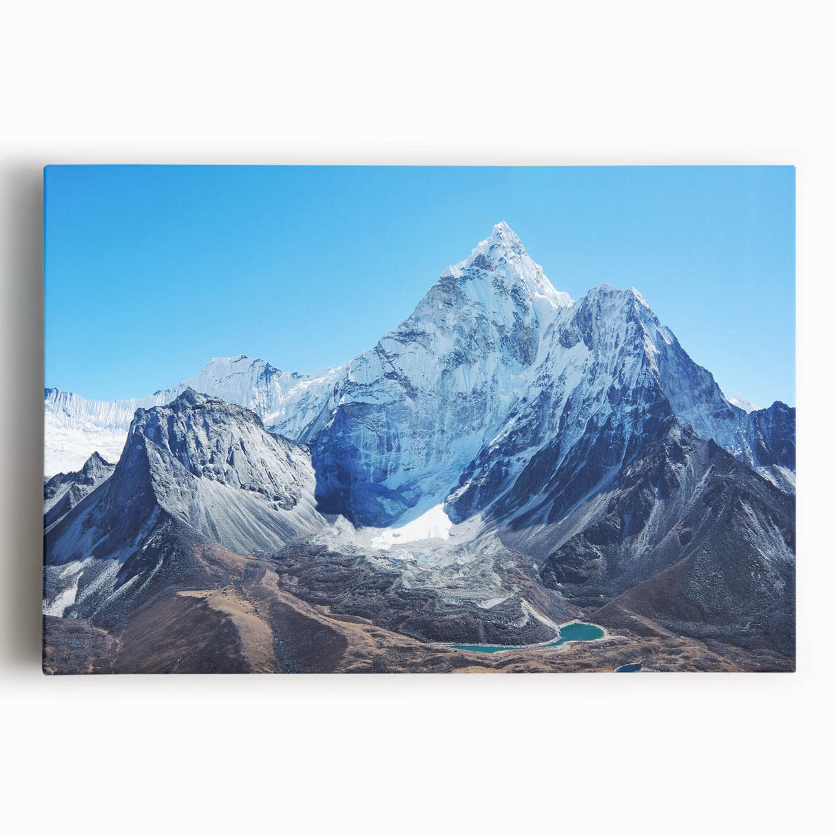 Black and white photograph of Mount Everest on stretched canvas, suitable as large kitchen wall art.
