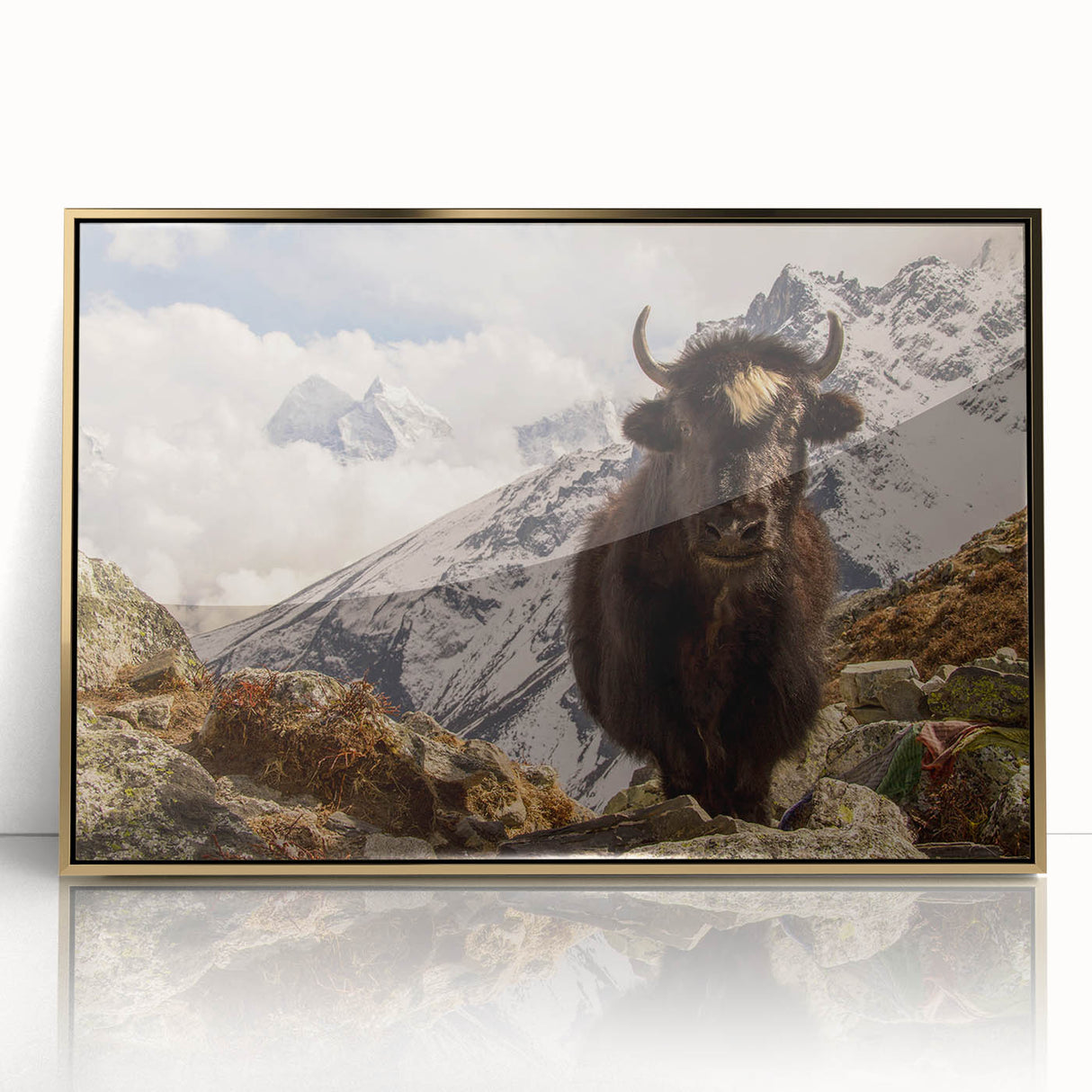 Framed acrylic print of a serene Nepalese landscape in soft gold and green tones, ideal for modern art wall decor.