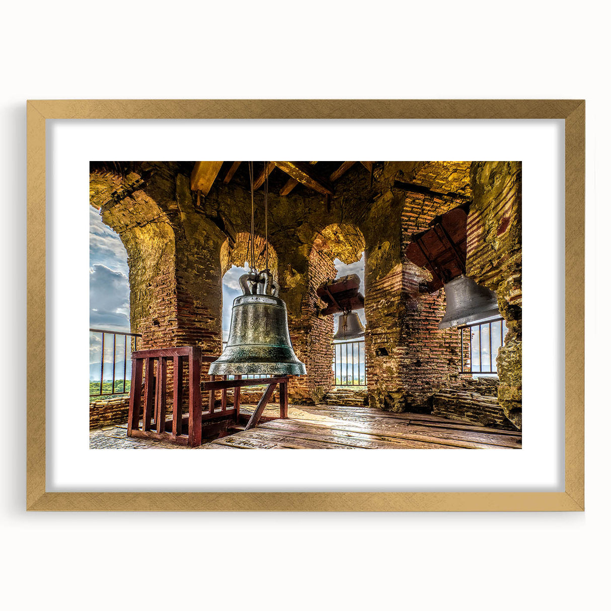 Extra large framed wall art featuring an abstract depiction of a Philippine landscape in textured gold and earth tones.