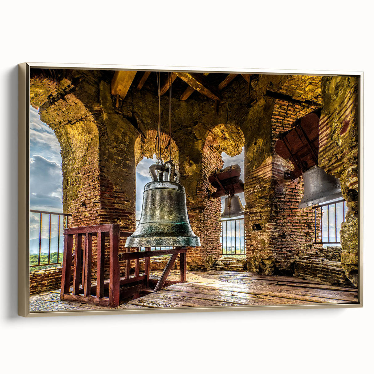 Framed canvas featuring a vintage-style landscape painting of a Philippine scenery in muted gold and black tones.