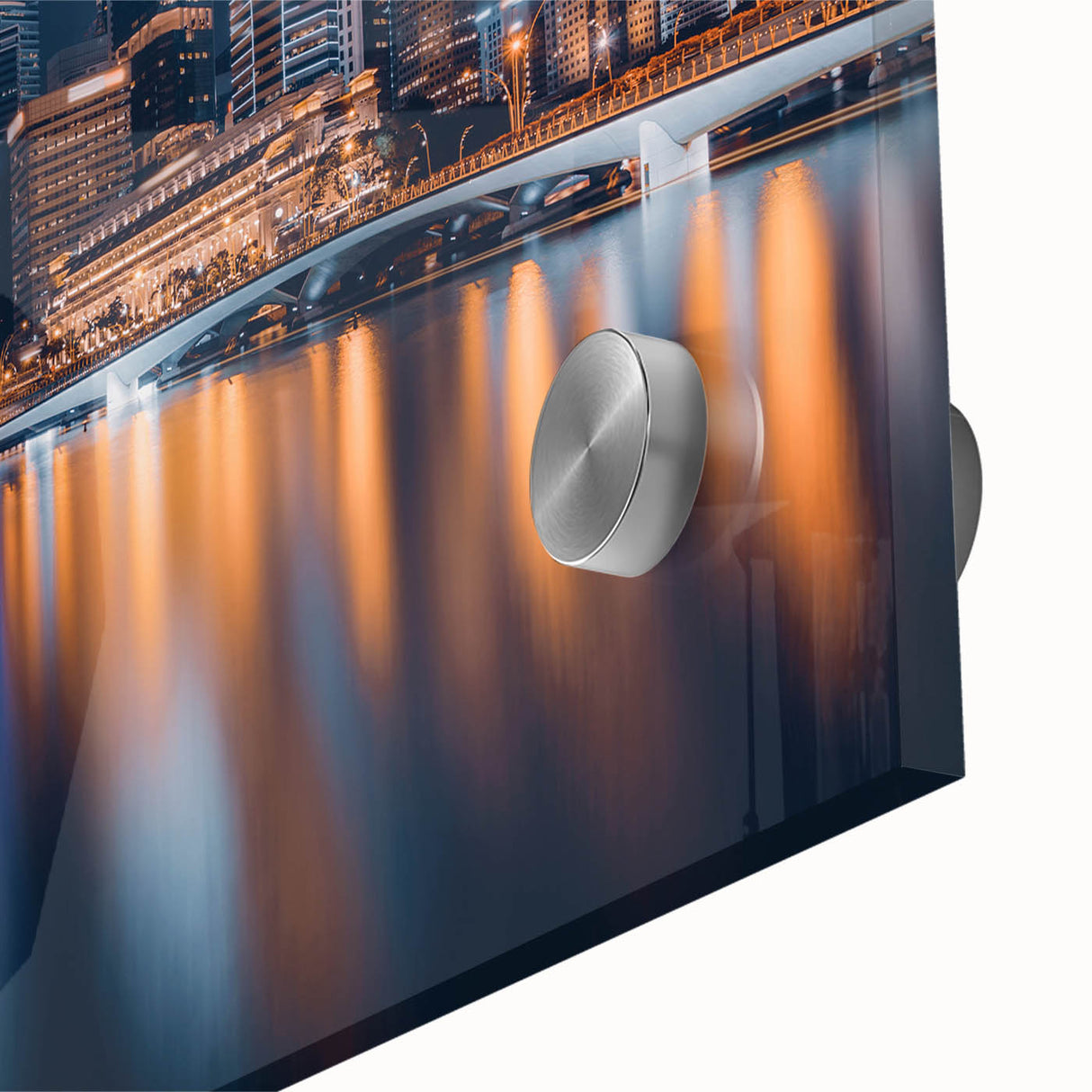 Large abstract wall art of Singapore skyline in muted gray and blue tones on acrylic glass, ideal for dining room decor.