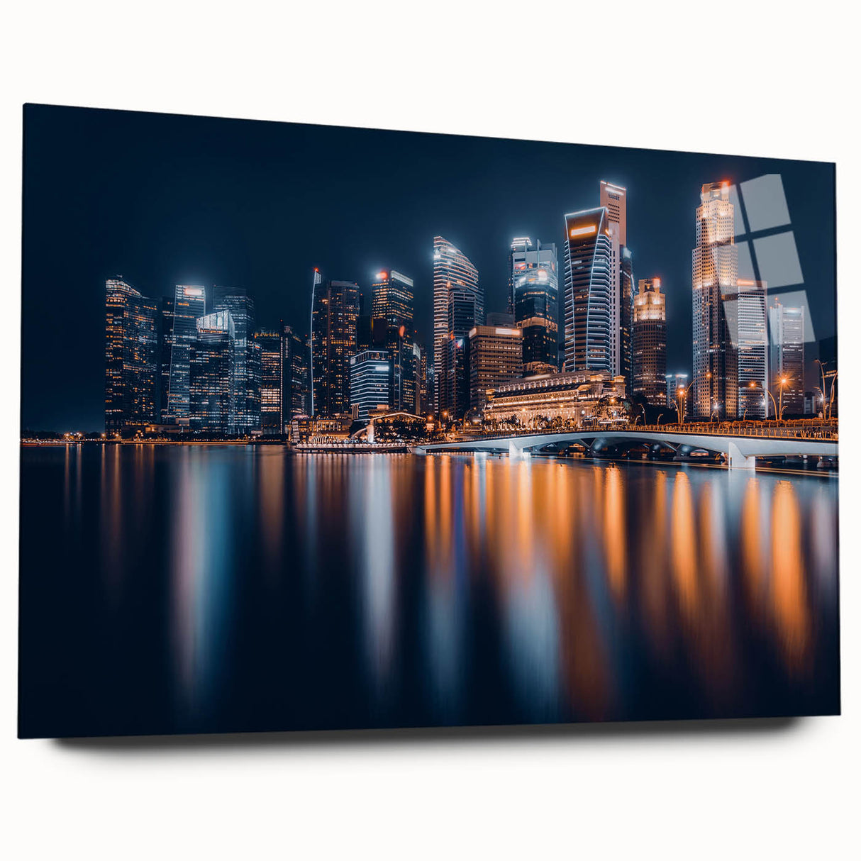 Large abstract wall art of Singapore's skyline in muted blue and gray tones on acrylic glass.