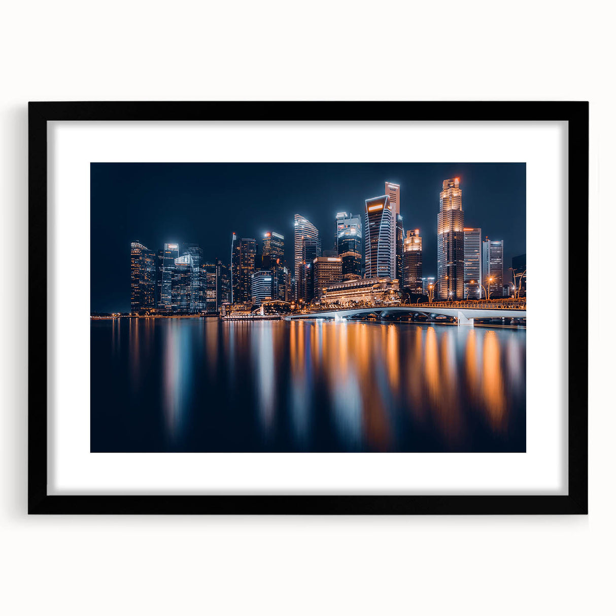 Extra large abstract art print of a colorful Singapore skyline, textured on black-framed canvas, ideal for living room decor.
