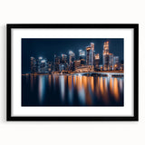 Extra large abstract art print of a colorful Singapore skyline, textured on black-framed canvas, ideal for living room decor.