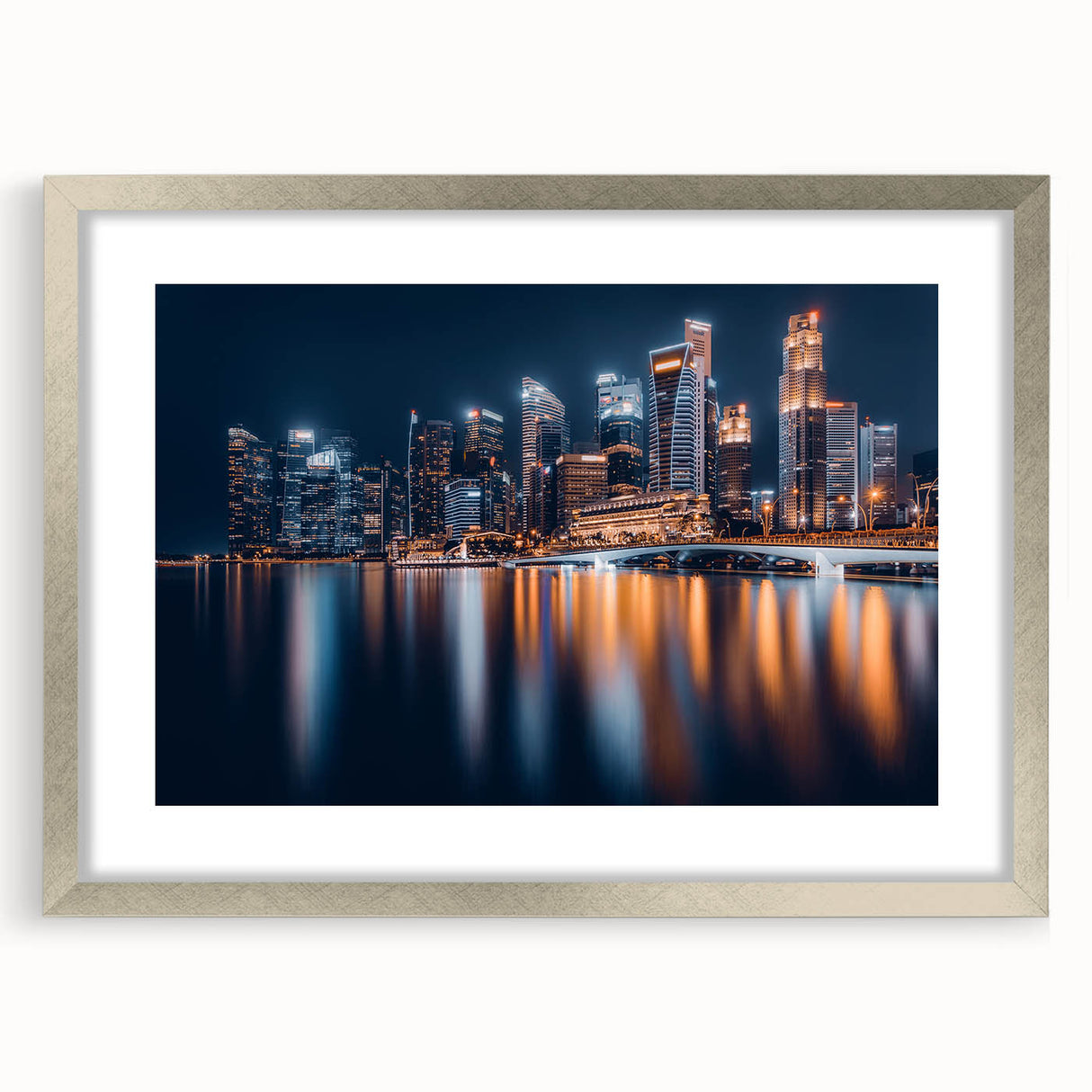Textured art print of Singapore skyline in muted gray and blue tones on a framed silver mat.