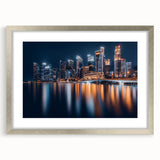 Textured art print of Singapore skyline in muted gray and blue tones on a framed silver mat.