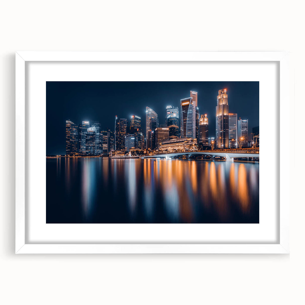 Abstract art print of Singapore skyline in muted blue tones on a framed white canvas, suitable for dining room decor.