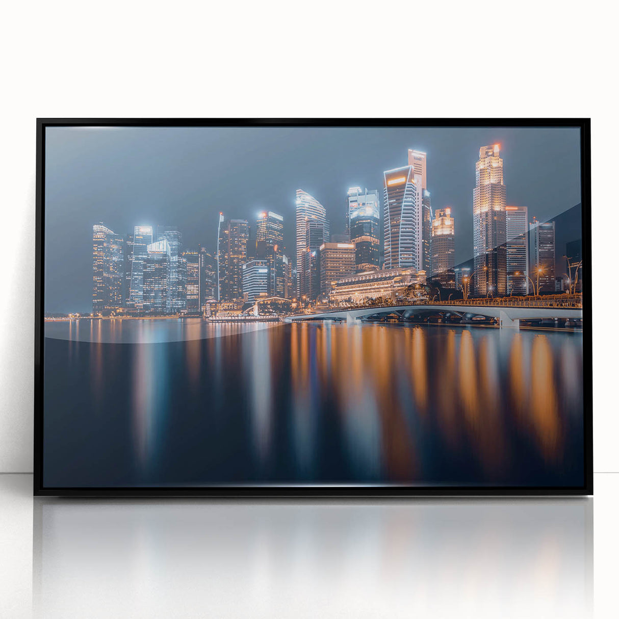 Large abstract wall art depicting the Singapore skyline in muted gray tones on a framed acrylic panel.