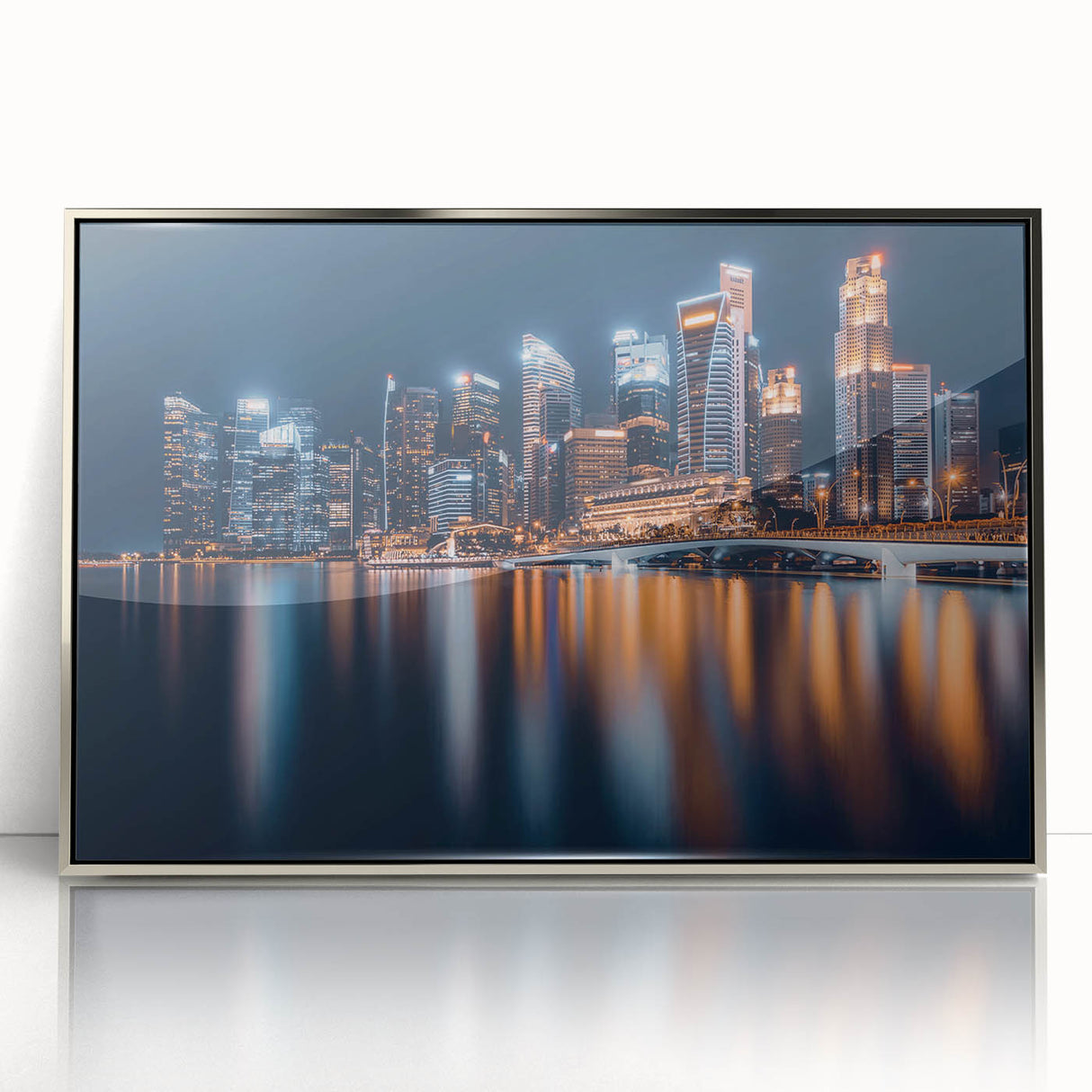 Mid-century modernist art depicting the Singapore skyline in acrylic, silver-framed, ideal for modern art wall decor.