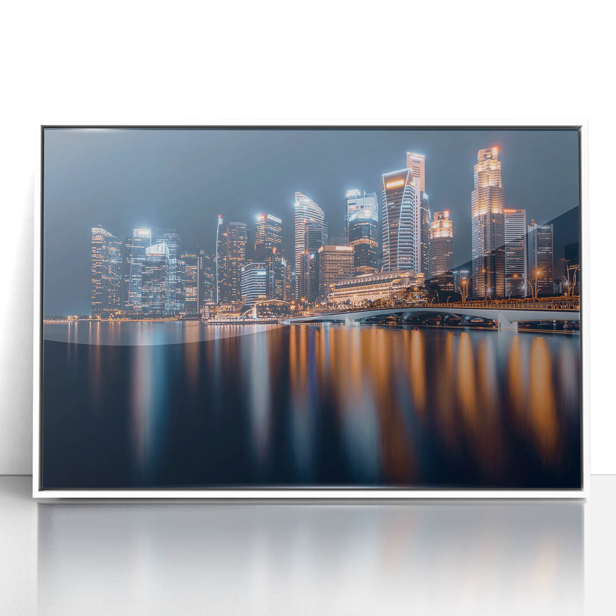 Acrylic print of Singapore skyline in muted gray and blue tones, framed in white, suitable for modern art wall decor.