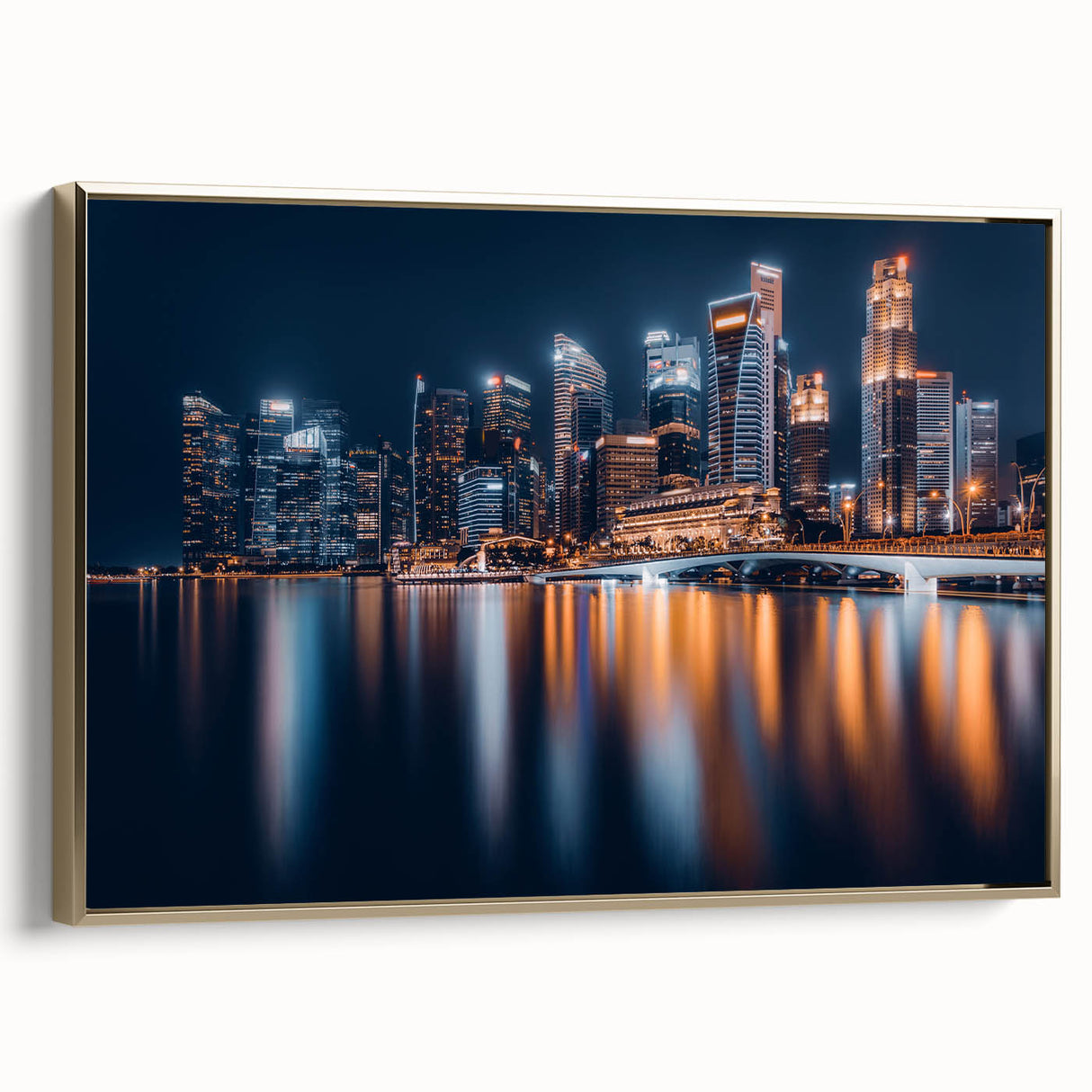 Framed canvas wall art featuring a vintage-style Singapore landscape in black and gold tones, ideal for bedroom decor.