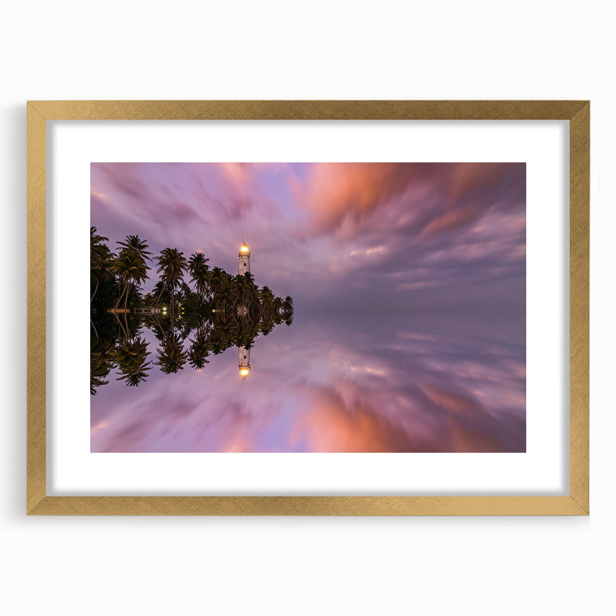 Extra large abstract art print of a textured Sri Lankan scenery in soft earth tones, framed in gold.