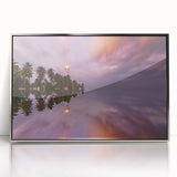 Mid-century modernist art depicting a serene Sri Lankan landscape in muted earth tones, framed in silver acrylic.