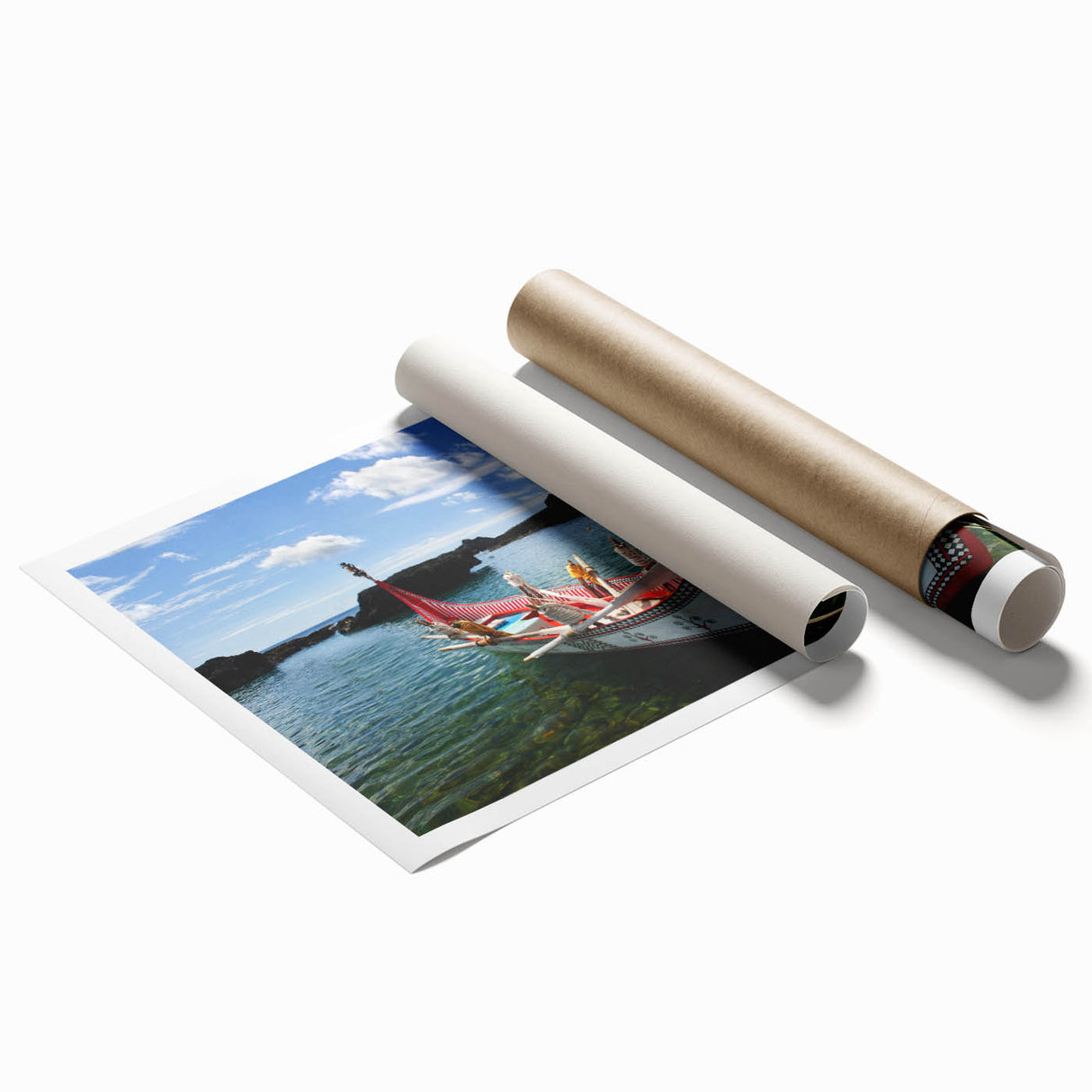 Extra large rolled print featuring a serene Taiwanese landscape with soft floral elements in muted green and blue tones.