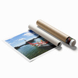 Extra large rolled print featuring a serene Taiwanese landscape with soft floral elements in muted green and blue tones.