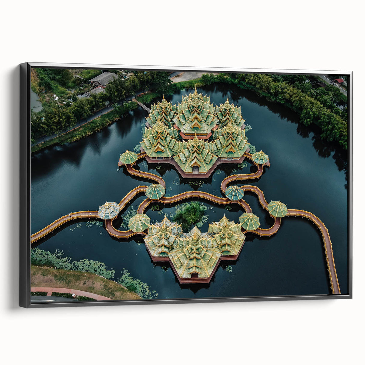 Black and white framed canvas of Bangkok landscape, in vintage poster style, ideal for bedroom wall art.