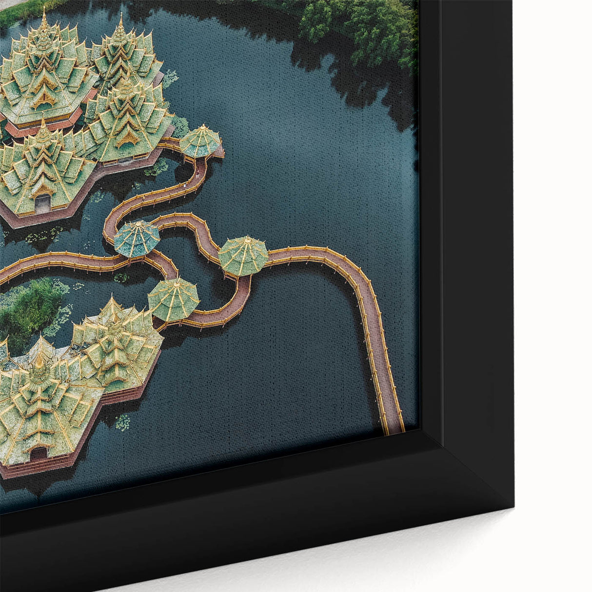 Extra large framed canvas featuring a textured depiction of Bangkok scenery in black with colorful accents.