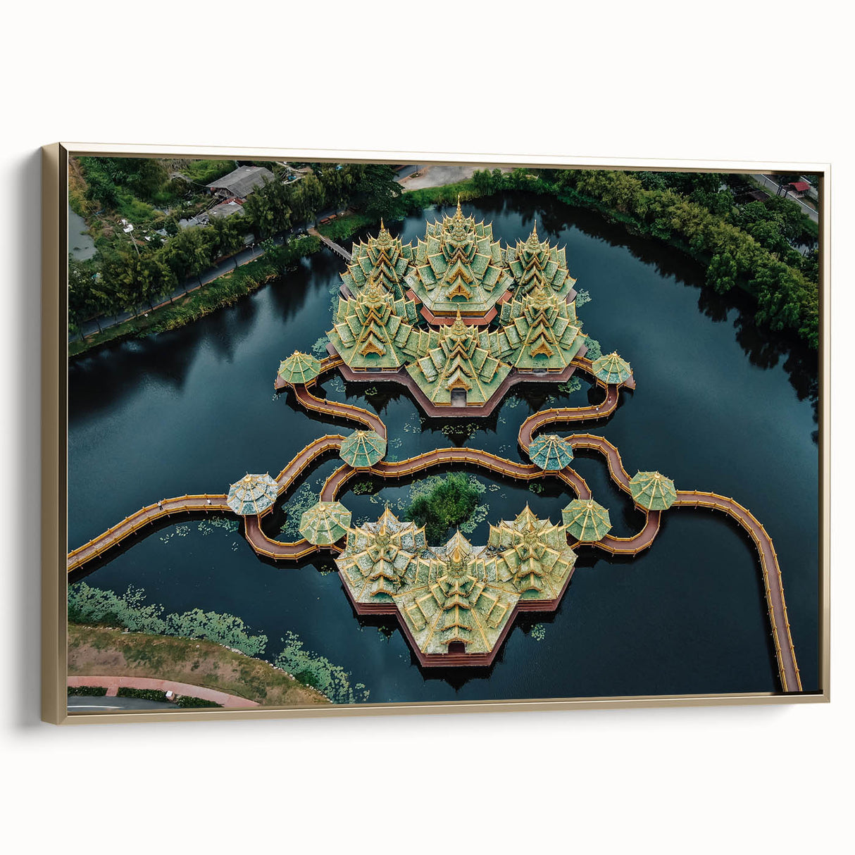 Framed canvas of a vintage Bangkok landscape in black and gold, ideal for bedroom wall art.