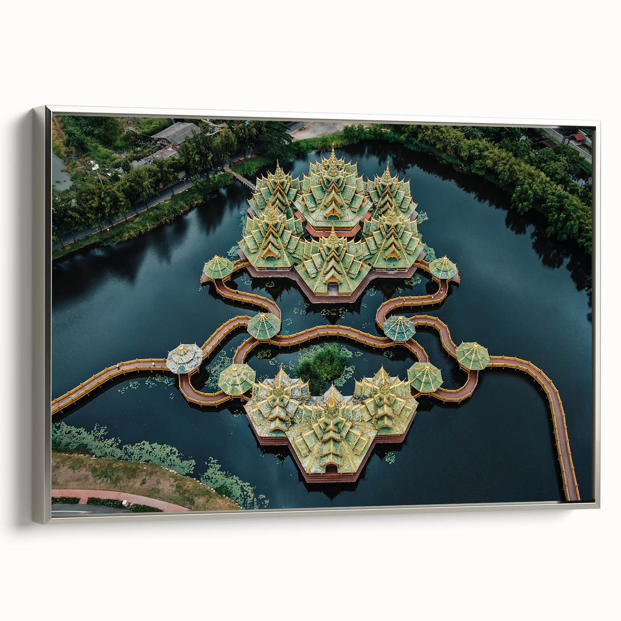 Landscape art painting of Bangkok with vibrant colors on a framed canvas, ideal for living room decor.