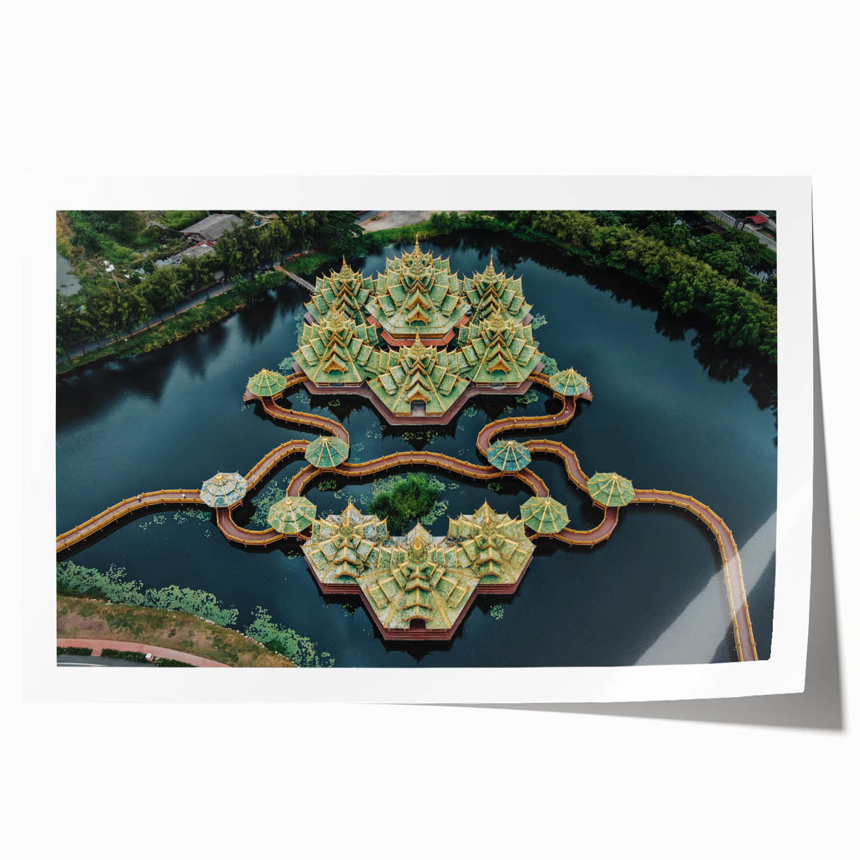 Extra large rolled print of Bangkok scenery with floral accents in muted colors, ideal for art wall dining room.