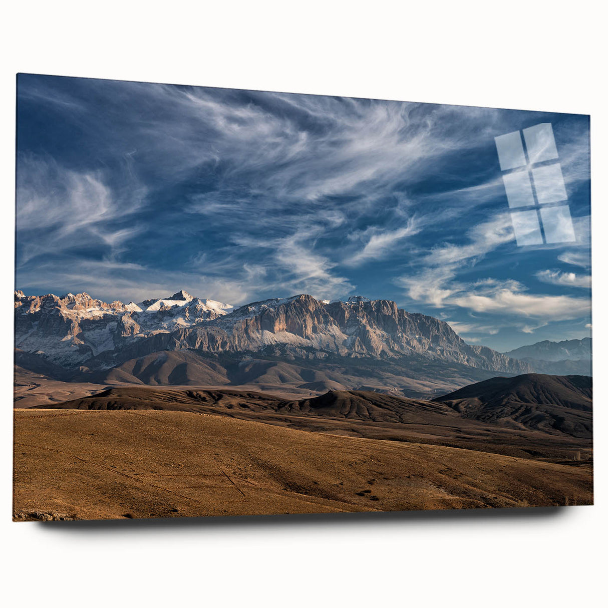 Acrylic print of a large abstract depiction of a Turkish landscape in muted earth tones.