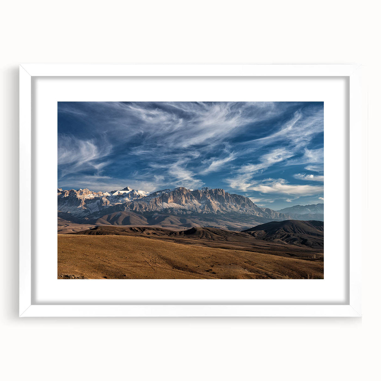 Abstract art print of a Turkish landscape in muted earth tones on a framed white matte canvas.