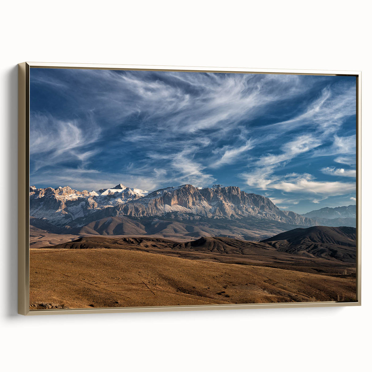 Framed canvas depicting a vintage-style landscape of a Turkish scenery in black and gold tones, ideal for bedroom wall art.