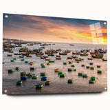 Acrylic print of a Vietnamese landscape in muted green and blue tones, suitable for bedroom or dining room decor.