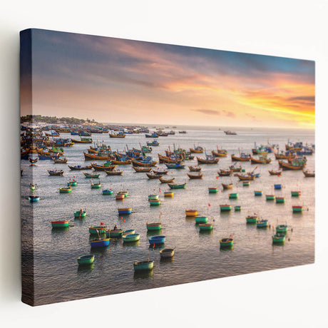 Side view of a stretched canvas featuring a serene Vietnamese landscape in muted green and blue tones.