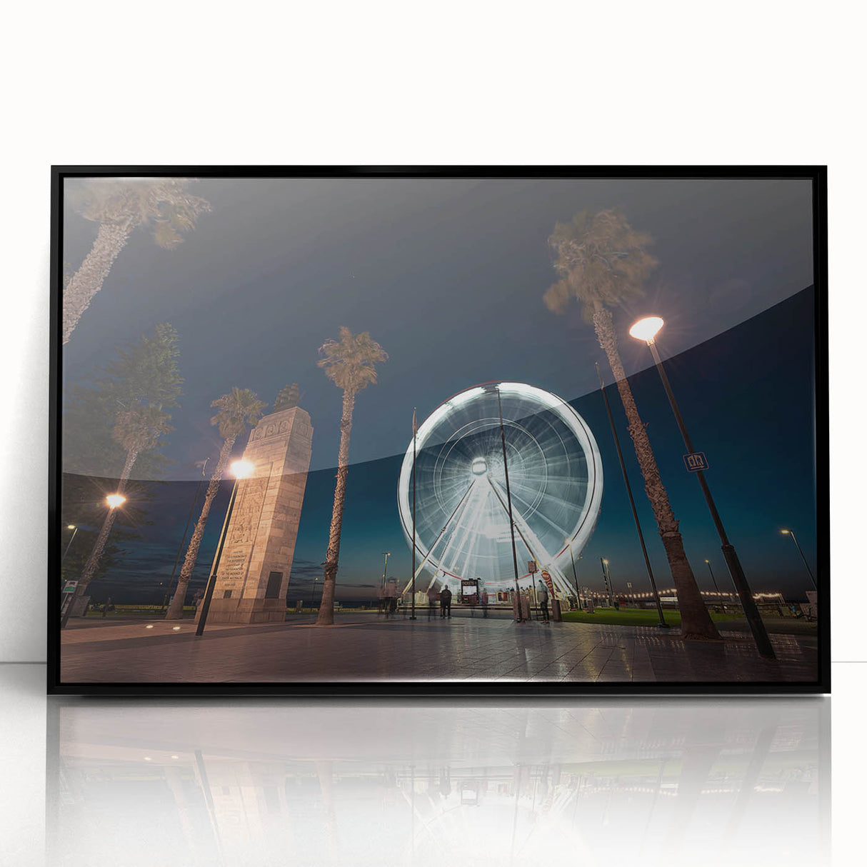 Large abstract wall art depicting the Adelaide skyline in muted gray and blue tones, framed in black acrylic.