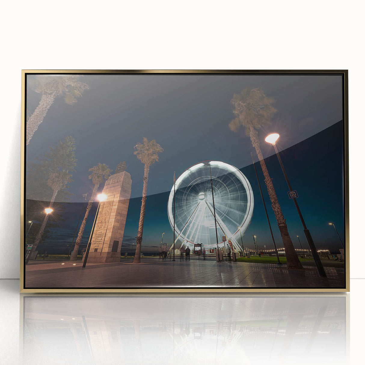 Mid-century modernist art depicting Adelaide scenery in muted gold and green tones on framed acrylic.