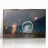 Framed acrylic print of Adelaide skyline in art deco style, featuring muted silver and blue tones.